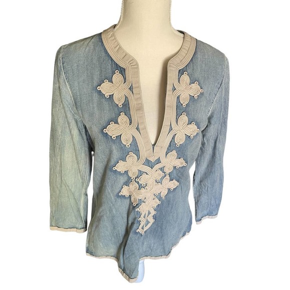 J. Crew Womens Denim Soutache Embroidered V-Neck Tunic Top Size 2 Blue - Picture 6 of 9